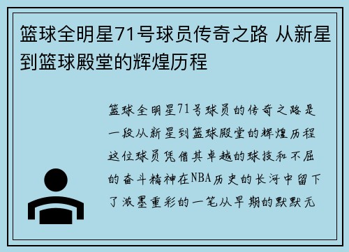 篮球全明星71号球员传奇之路 从新星到篮球殿堂的辉煌历程